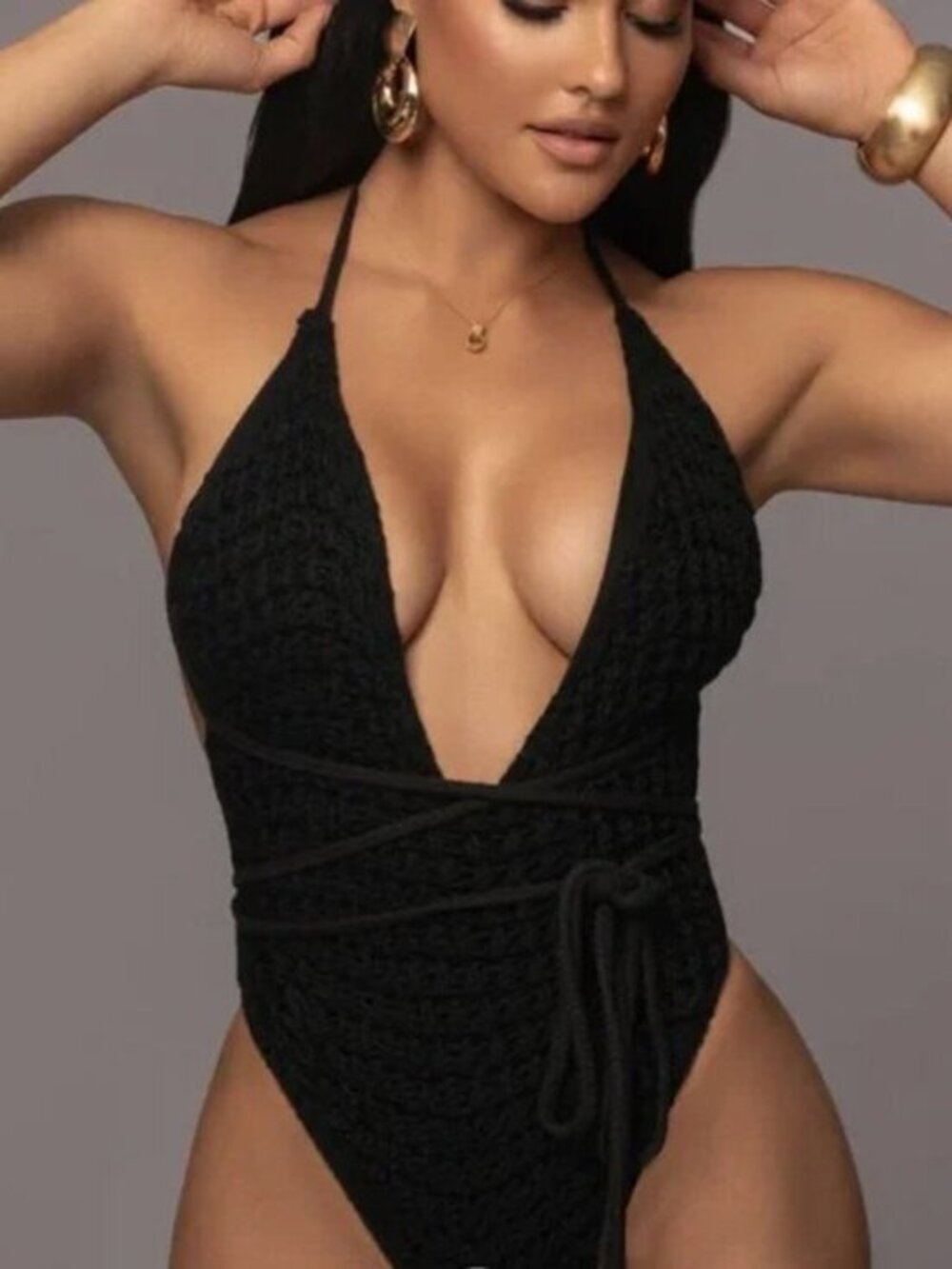 JLUXLABEL Kenna Knit Crochet Bodysuit in Black Size M